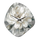 White Grey Peony Blooms In Motion I - Asymmetric Metal Wall Clock