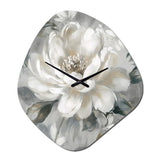 White Grey Peony Blooms In Motion I - Asymmetric Metal Wall Clock