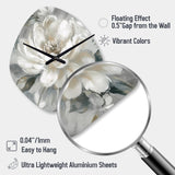 White Grey Peony Blooms In Motion I - Asymmetric Metal Wall Clock