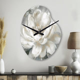 White Grey Peony Blooms In Motion I - Asymmetric Metal Wall Clock