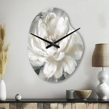 White Grey Peony Blooms In Motion I - Asymmetric Metal Wall Clock