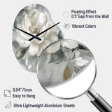 White Grey Peony Blooms In Motion I - Asymmetric Metal Wall Clock