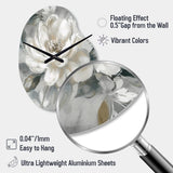 White Grey Peony Blooms In Motion I - Asymmetric Metal Wall Clock