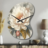 White Grey Peony Blooms In Motion III - Asymmetric Metal Wall Clock