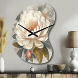 White Grey Peony Blooms In Motion III - Asymmetric Metal Wall Clock