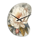 White Grey Peony Blooms In Motion III - Asymmetric Metal Wall Clock