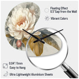 White Grey Peony Blooms In Motion III - Asymmetric Metal Wall Clock