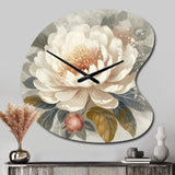 White Grey Peony Blooms In Motion III - Asymmetric Metal Wall Clock