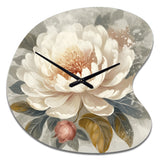 White Grey Peony Blooms In Motion III - Asymmetric Metal Wall Clock