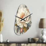 White Grey Peony Blooms In Motion III - Asymmetric Metal Wall Clock