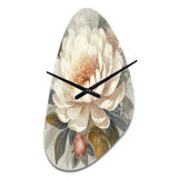 White Grey Peony Blooms In Motion III - Asymmetric Metal Wall Clock
