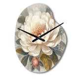 White Grey Peony Blooms In Motion III - Asymmetric Metal Wall Clock