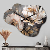 White Grey Peony Blooms In Motion IV - Asymmetric Metal Wall Clock