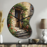 Village Door Filled With Flowers I - Asymmetric Metal Wall Clock