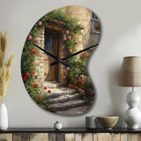 Village Door Filled With Flowers I - Asymmetric Metal Wall Clock