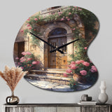 Village Door Filled With Flowers III - Asymmetric Metal Wall Clock