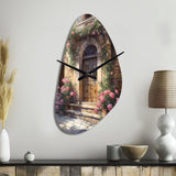 Village Door Filled With Flowers III - Asymmetric Metal Wall Clock
