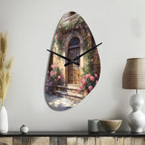 Village Door Filled With Flowers III - Asymmetric Metal Wall Clock