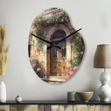 Village Door Filled With Flowers III - Asymmetric Metal Wall Clock