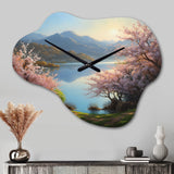 Cherry Blossom Trees By The Water I - Asymmetric Metal Wall Clock