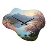 Cherry Blossom Trees By The Water I - Asymmetric Metal Wall Clock