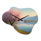 Cherry Blossom Trees By The Water II - Asymmetric Metal Wall Clock