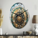 Teal And Gold Mandala I - Asymmetric Metal Wall Clock
