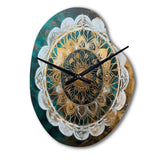 Teal And Gold Mandala I - Asymmetric Metal Wall Clock