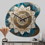 Teal And Gold Mandala II - Asymmetric Metal Wall Clock