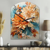 Orange Teal Botanical Whirlwind I - Asymmetric Metal Wall Clock
