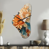 Orange Teal Botanical Whirlwind I - Asymmetric Metal Wall Clock