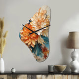 Orange Teal Botanical Whirlwind I - Asymmetric Metal Wall Clock