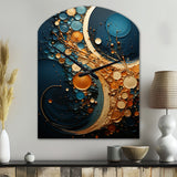 Gold Teal Abstract Spirals II - Asymmetric Metal Wall Clock