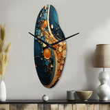 Gold Teal Abstract Spirals II - Asymmetric Metal Wall Clock