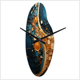Gold Teal Abstract Spirals II - Asymmetric Metal Wall Clock