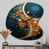 Gold Teal Abstract Spirals II - Asymmetric Metal Wall Clock