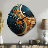 Gold Teal Abstract Spirals II - Asymmetric Metal Wall Clock