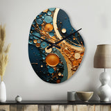 Gold Teal Abstract Spirals II - Asymmetric Metal Wall Clock