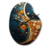 Gold Teal Abstract Spirals II - Asymmetric Metal Wall Clock