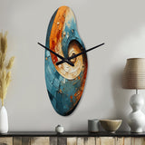 Orange Teal Abstract Spirals I - Asymmetric Metal Wall Clock