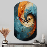 Orange Teal Abstract Spirals I - Asymmetric Metal Wall Clock