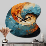 Orange Teal Abstract Spirals I - Asymmetric Metal Wall Clock