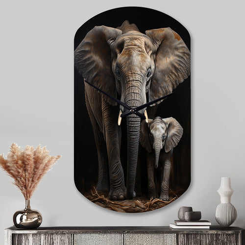 Elephant Family In Black And White - Asymmetric Metal Wall Clock