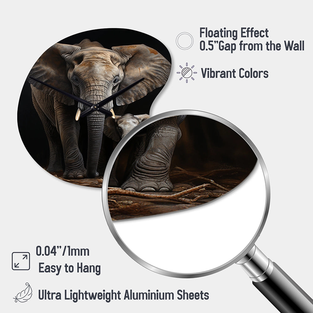 Elephant Family In Black And White - Asymmetric Metal Wall Clock