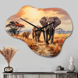 African Elephant Prairies I - Asymmetric Metal Wall Clock