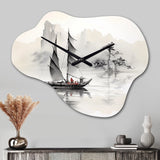 Asian Art Sailboat Sumi III - Asymmetric Metal Wall Clock