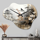 Asian Art Sumi Bird Serenity I - Asymmetric Metal Wall Clock