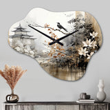 Asian Art Sumi Bird Serenity I - Asymmetric Metal Wall Clock