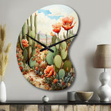 Coral Green Cactus Desert Blooms Pointillism III - Asymmetric Metal Wall Clock