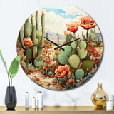 Coral Green Cactus Desert Blooms Pointillism III - Floral Metal Wall Clock